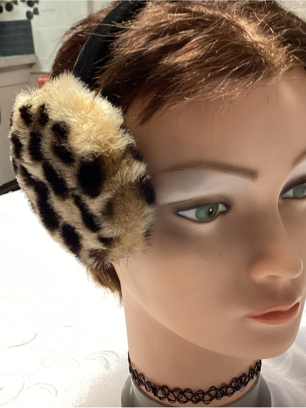 Leopard Print Faux Fur Earmuffs in Beige and Black